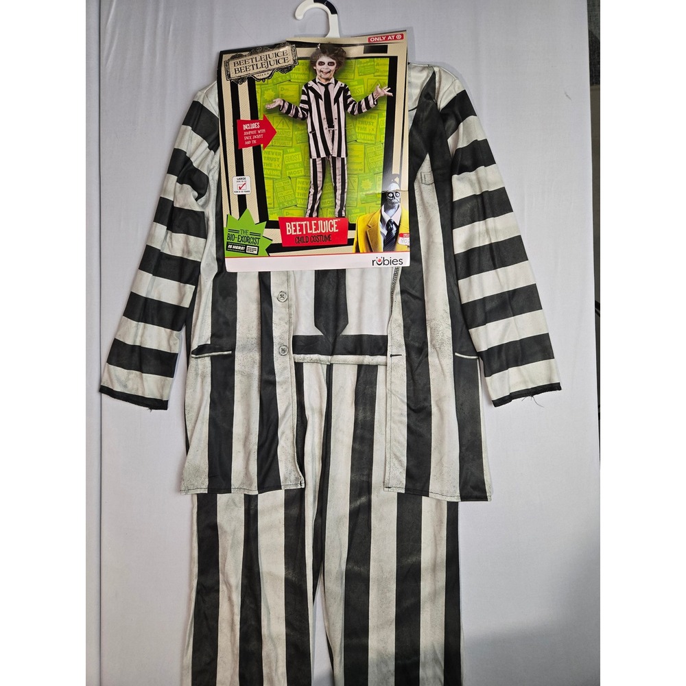 Rubies Beetlejuice Child Costume Large 10-12 Striped Jumpsuit Faux Jacket Tie